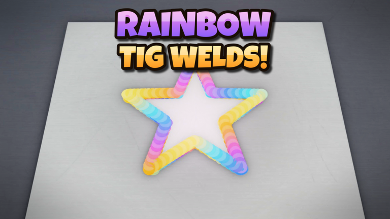 Welding Simulator thumbnail of a star-shaped rainbow-colored TIG weld on a steel plate.