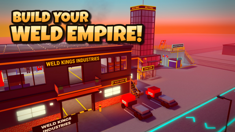 Welding Simulator thumbnail of a large Weld Kings Industries factory at sunset with the text Build Your Weld Empire.